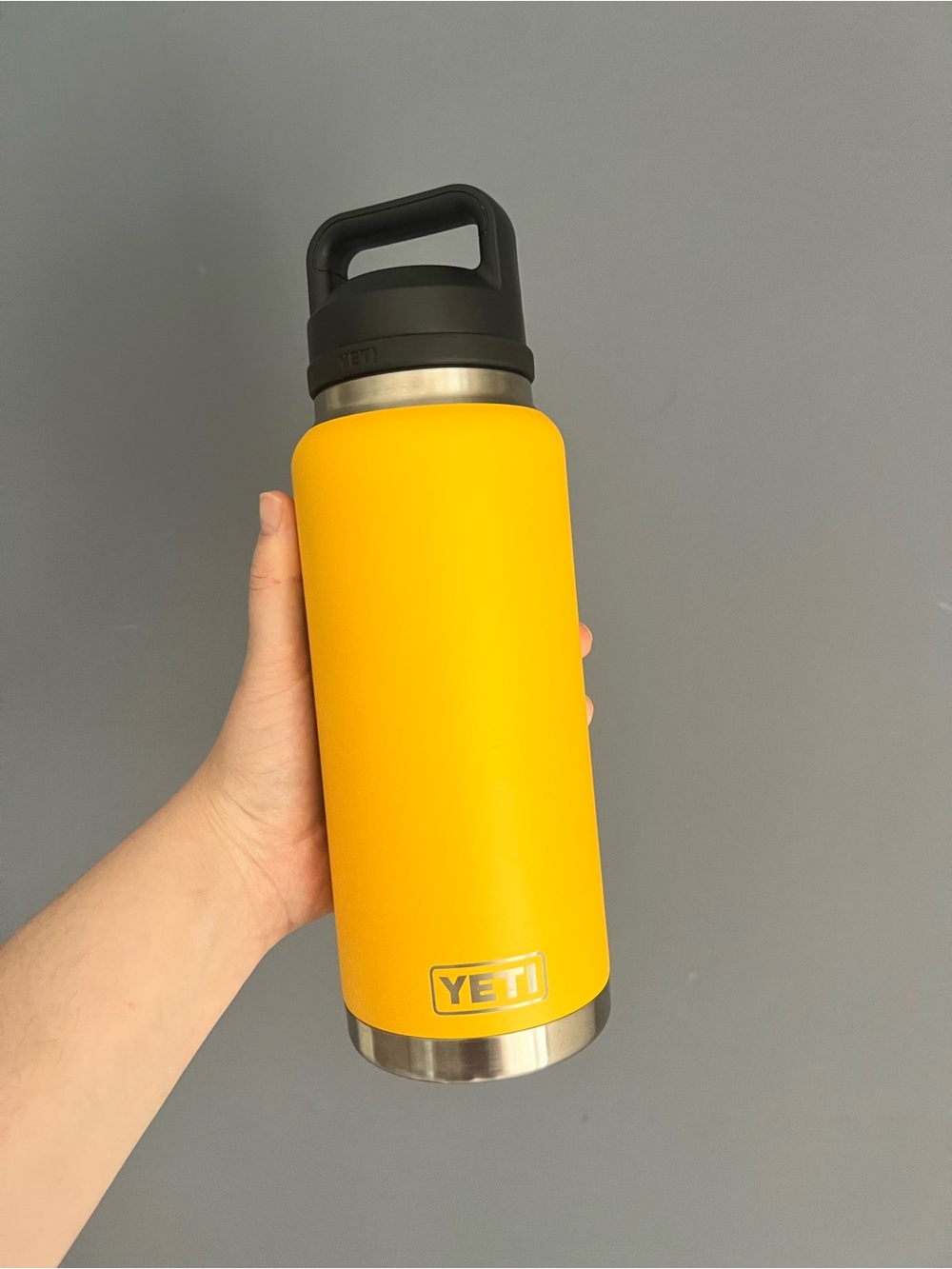 New YETI 36 oz Rambler Bottle Chug Cap Golden Yellow Dishwasher Safe LOGO